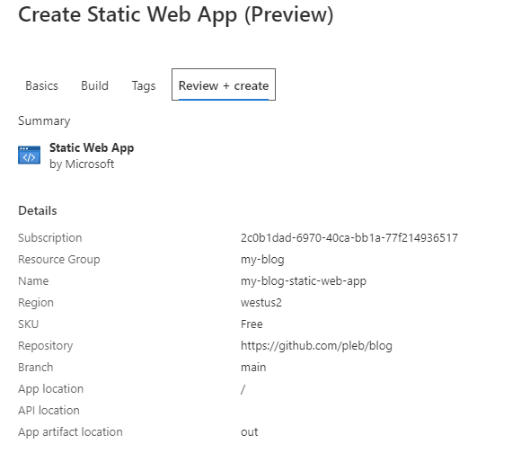Azure portal static web app