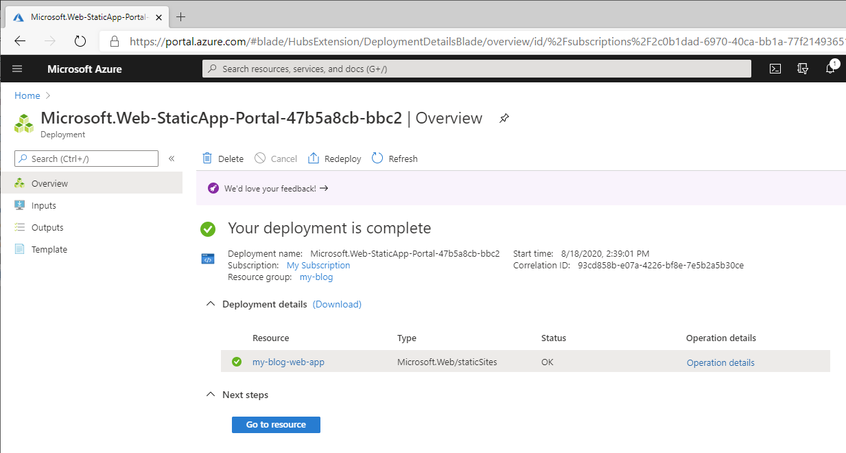 Azure static web app overview screen